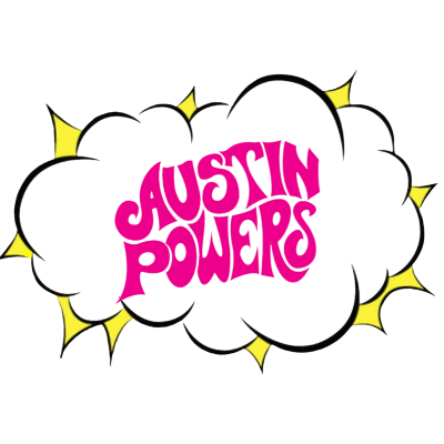 Texto colorido 'AUSTIN POWERS' em balão de nuvem preta com contorno branco e amarelo