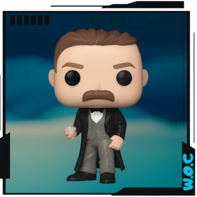 Figura Funko Pop de homem com bigode e casaco preto segurando copo