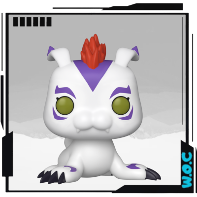 Figura Funko Pop animal branca com detalhes roxos, olhos verdes e crista vermelha.