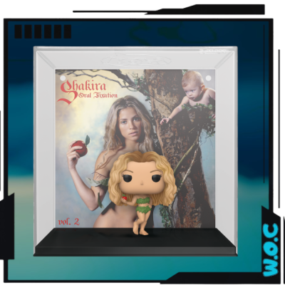 Funko Pop de figura feminina loira em frente à capa do álbum 'Oral Fixation vol. 2' de Shakira