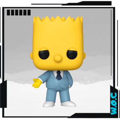 Funko Pop do Bart Simpson com fato azul e fundo cinza