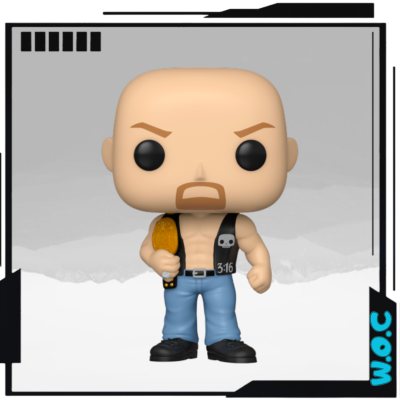 Figura Funko Pop de homem careca com colete preto e calças azuis segurando cinturão dourado