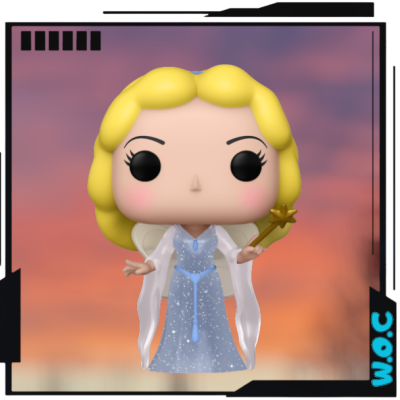 Boneca Funko Pop com vestido azul e capa branca, cabelo loiro e varinha dourada.