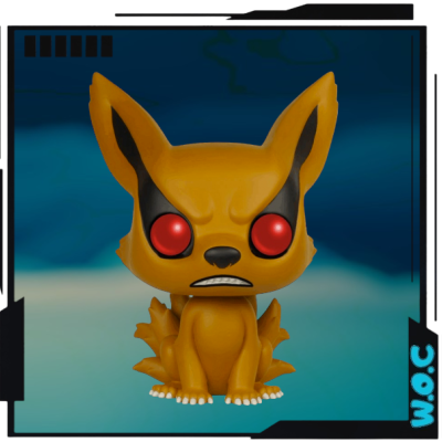 Figura colecionável Funko Pop de um cubinho amarelo com olhos vermelhos e três caudas