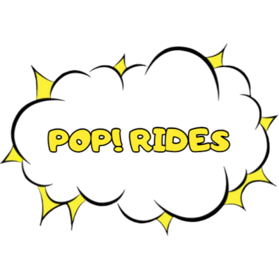 Logotipo POP! RIDES em nuvem preta com letras amarelas