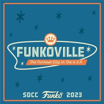 Logotipo FUNKOVILLE em fundo azul com texto e estrelas
