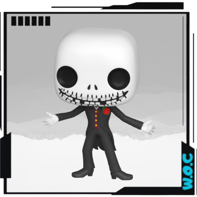 Boneco estilizado Funko Pop de Jack Skellington com fato preto e flor vermelha