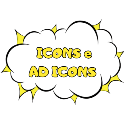 Nuvem preta com texto amarelo 'ICONS e AD ICONS'