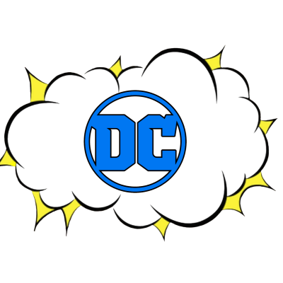 Logotipo azul da DC numa nuvem preta com detalhes amarelos