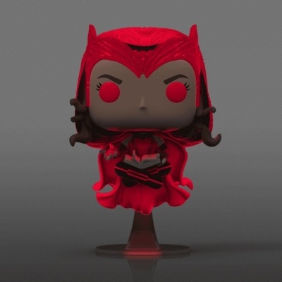 Figura Funko Pop de personagem com máscara e capa vermelha, base transparente