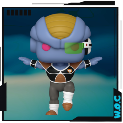 Figura colecionável com capacete azul e dourado, visor verde, roupa preta e marrom em pose de equilíbrio