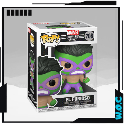 Boneco Funko Pop! El Furioso com máscara verde e roxa na embalagem Marvel Lucha Libre Edition