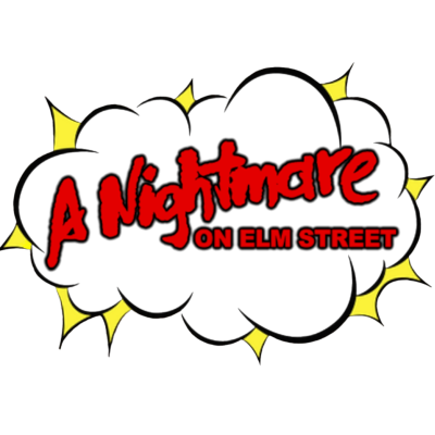 Nuvem preta com contorno amarelo e texto vermelho A Nightmare ON ELM STREET