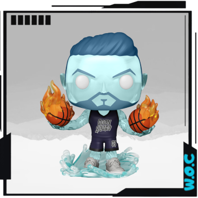 Figura colecionável Funko Pop de personagem azul com bolas de basquete em chamas e uniforme preto