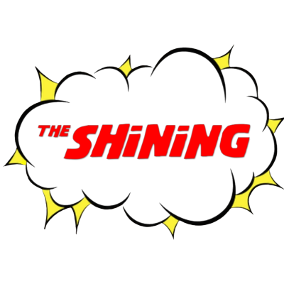 Logotipo preto com texto vermelho THE SHINING em nuvem com bordas amarelas