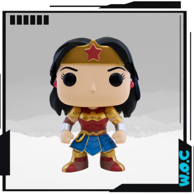 Figura Funko Pop da Mulher Maravilha com armadura dourada e sai azul