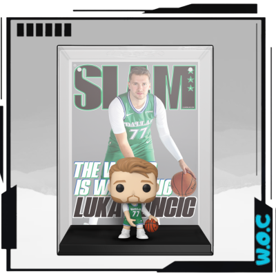 Figura Funko Pop de Luka Dončić em uniforme de basquetebol verde com bola, em caixa com imagem e texto de fundo.