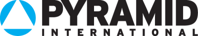 Logótipo da Pyramid International com triângulo azul e texto preto