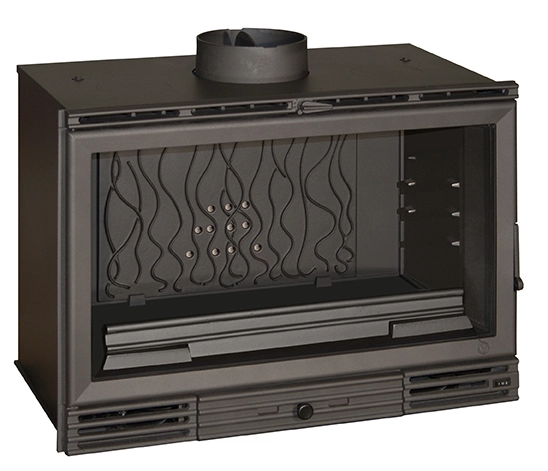 Recuperador a Lenha Invicta Insert 800 Visão Total Lareira a lenha preta de ferro fundido com porta de vidro e grelha decorativa