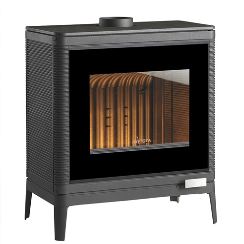 Salamandra a Lenha Invicta Kazan GA Lareira a lenha preta em metal com vidro refletivo e alavanca branca