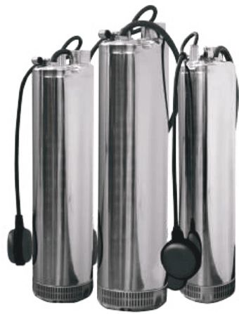 Eletrobomba Submersível Ideal Delta NB 5" Três bombas submersíveis de aço inoxidável com cabos pretos e boias flutuantes pretas