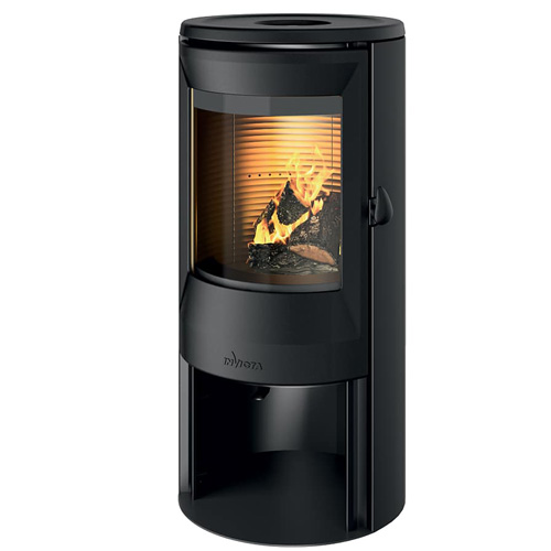 Salamandra a Lenha Invicta Neosen Lareira a lenha preta com vidro curvo e lenha em chamas