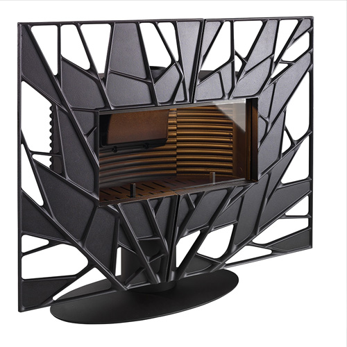 Salamandra a Lenha Invicta Gaya Folha Lareira decorativa metálica preta com padrão geométrico e vidro