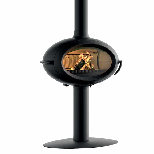 Salamandra a Lenha Invicta Brio c/Pé lareira moderna suspensa preta em metal com vidro oval frontal e fogo visível