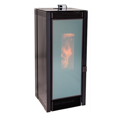 Estufa preta com porta de vidro e chama visível no interior