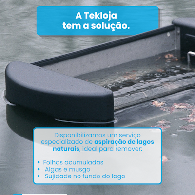 equipamento flutuante preto na água com textos sobre serviço de aspiração de lagos naturais da Tekloja
