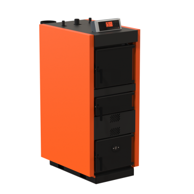 Caldeira metálica laranja com portas pretas e painel digital