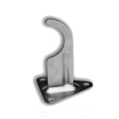 Gancho metálico cinza com base triangular preta e quatro orifícios