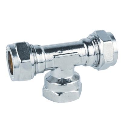 Conector em T metálico para canalização com três extremidades rosqueadas