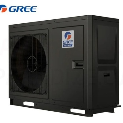 Unidade exterior preta de ar condicionado GREE Versati V com ventilador e grelha