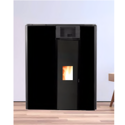 Lareira a pellets preta com janela de fogo e acabamento brilhante.