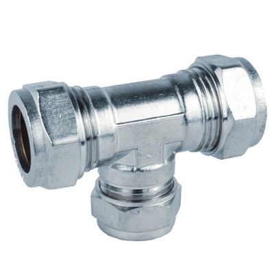 Conector em T metálico prateado para tubos com porcas nas extremidades