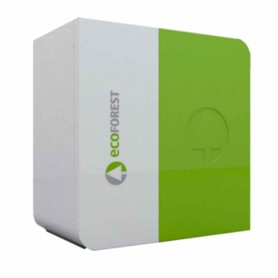 Embalagem cúbica branca e verde com texto ECOFOREST e símbolo em relevo