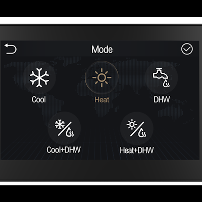 Ecrã digital com ícones e texto dos modos Cool, Heat, DHW, Cool+DHW e Heat+DHW