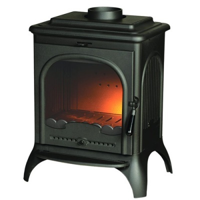 Lareira ou salamandra em ferro fundido preto com porta de vidro