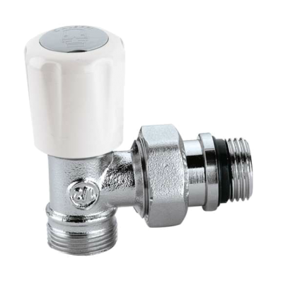 Válvula metálica cromada com manípulo branco em fundo branco