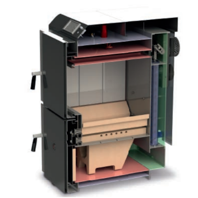 Corte longitudinal de caldeira ou forno de aquecimento com partes internas coloridas