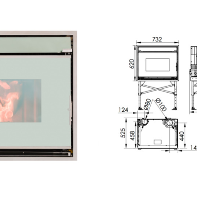 Salamandra embutida cinzenta com vidro frontal e desenho técnico das dimensões.