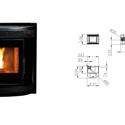 Fogão a lenha preto com vidro frontal e esquema técnico detalhado