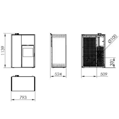 Desenho técnico de equipamento com várias vistas e medidas em milímetros