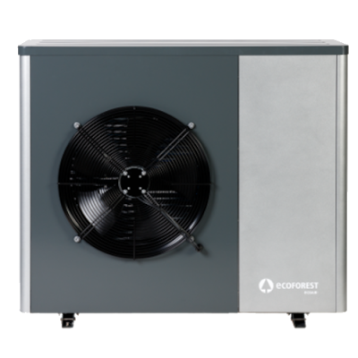 Unidade externa de bomba de calor ECOFOREST com ventilador preto e painel prateado