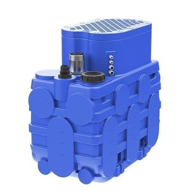 Aparelho azul compacto com tampas e encaixes técnicos