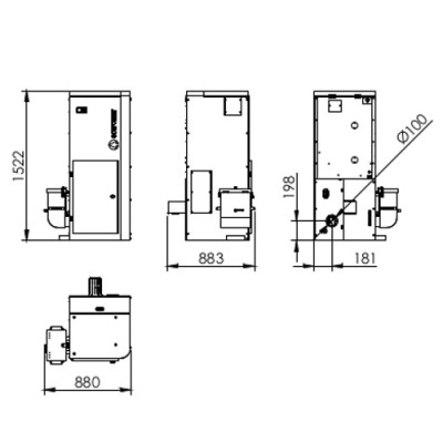 Desenho técnico a preto e branco de equipamento industrial com dimensões visíveis