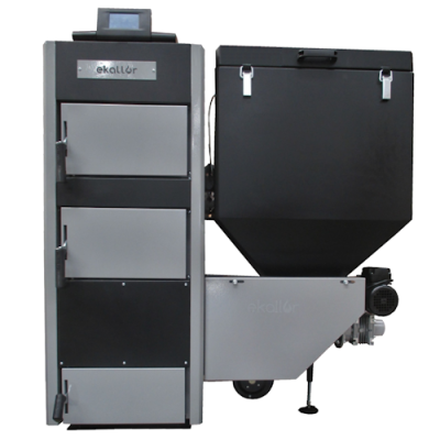 Caldeira industrial biomassa preta e cinzenta com reservatório lateral e motor, rótulo 'ekolux'