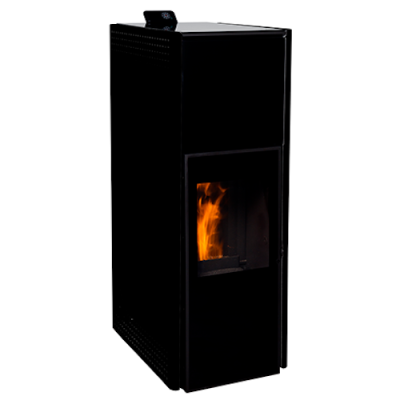 Lareira ou salamandra preta com vidro e fogo visível