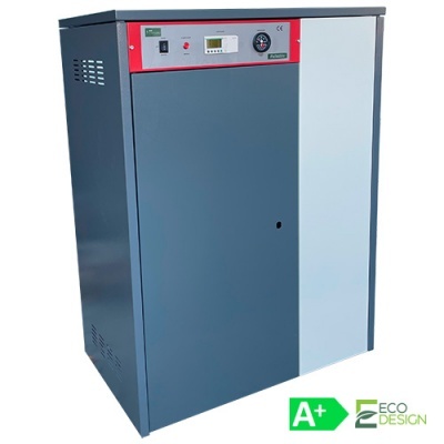 Aparelho industrial cinzento com painel frontal vermelho e branco, botões, ecrã digital e manómetro com símbolo A+ ECO DESIGN